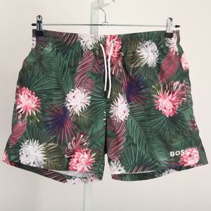 BOSS Men's Tropical Floral Swim Trunks Shorts Green Pink White Size L Mesh Lined